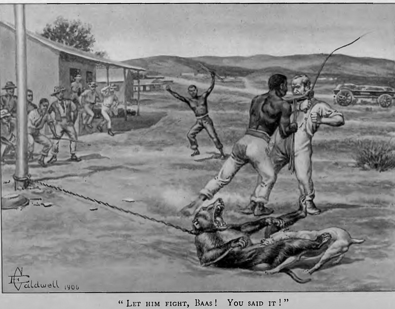 A black and white picture of men fighting with a dog Description automatically generated